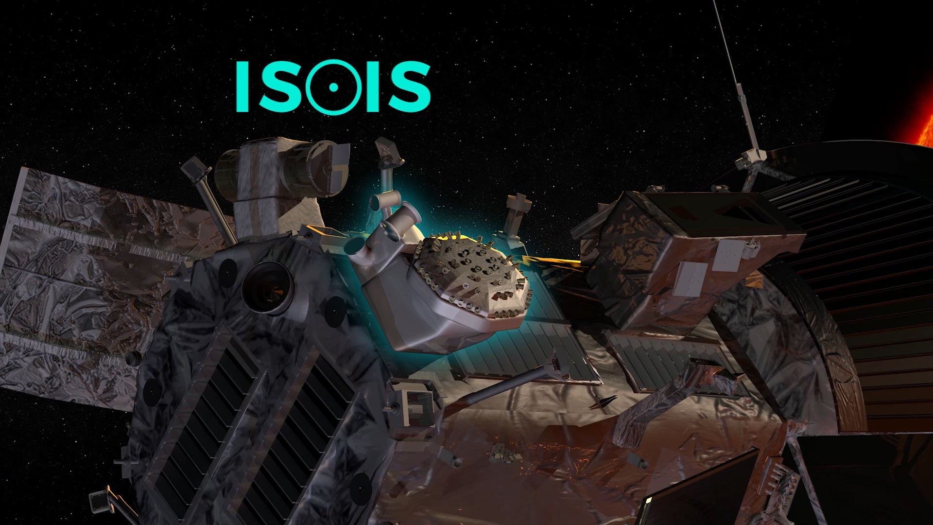 A visualization shows part of the Parker Solar Probe against a background of stars. Extending from the upper portion of the spacecraft and highlighted in green is a short, slightly bent cylindrical instrument topped by a bronze-colored plate covered with dozens of small, cone-like structures pointing in different directions. The name "IS☉IS" appears above it in green.