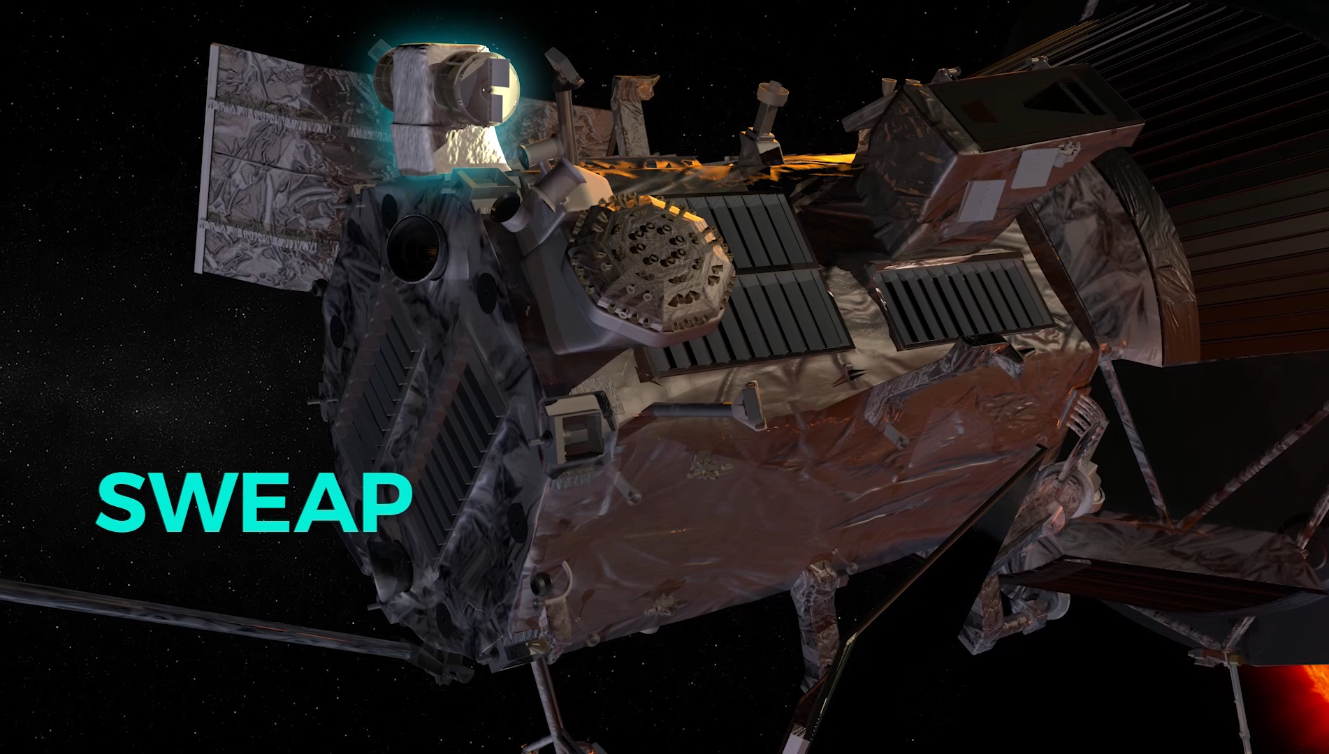 A visualization of the Parker Solar Probe appears against a background of stars. A short, box-like instrument with two large, circular, knob-like structures on its sides extends from the top of the spacecraft and is highlighted in green. The name "SWEAP" appears on the left in green.