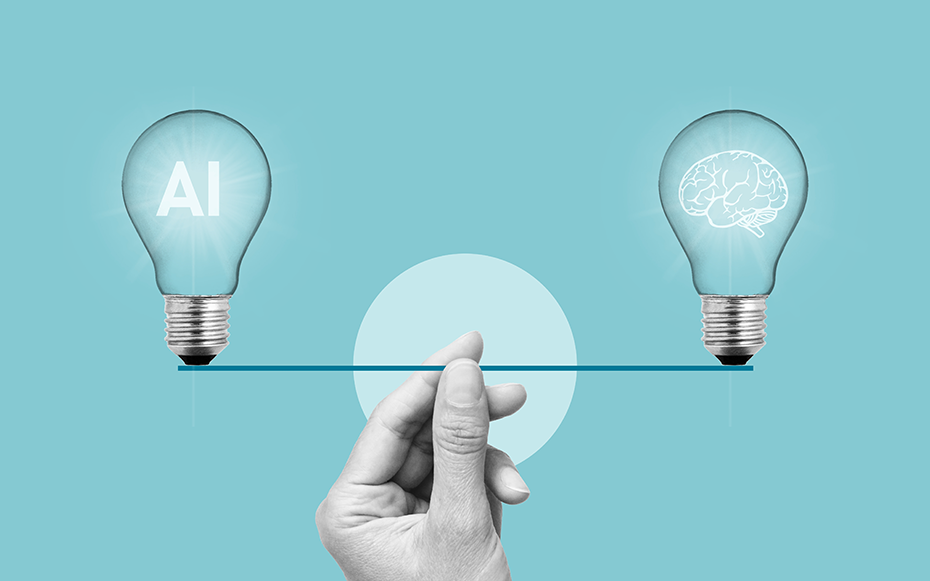 A hand balances two lightbulbs containing "AI" and an illustration of a brain.